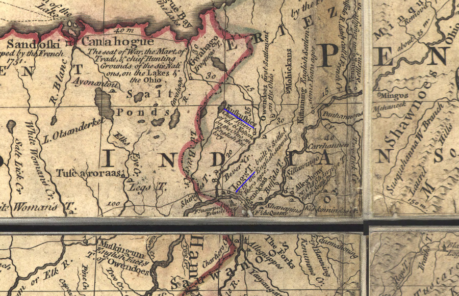 John Mitchell's 1755 map of English claims in North America displayed the location of Kuskusky and Logstown (and demonstrated the old adage that all interesting places are located at the edge of separate map sheets...)