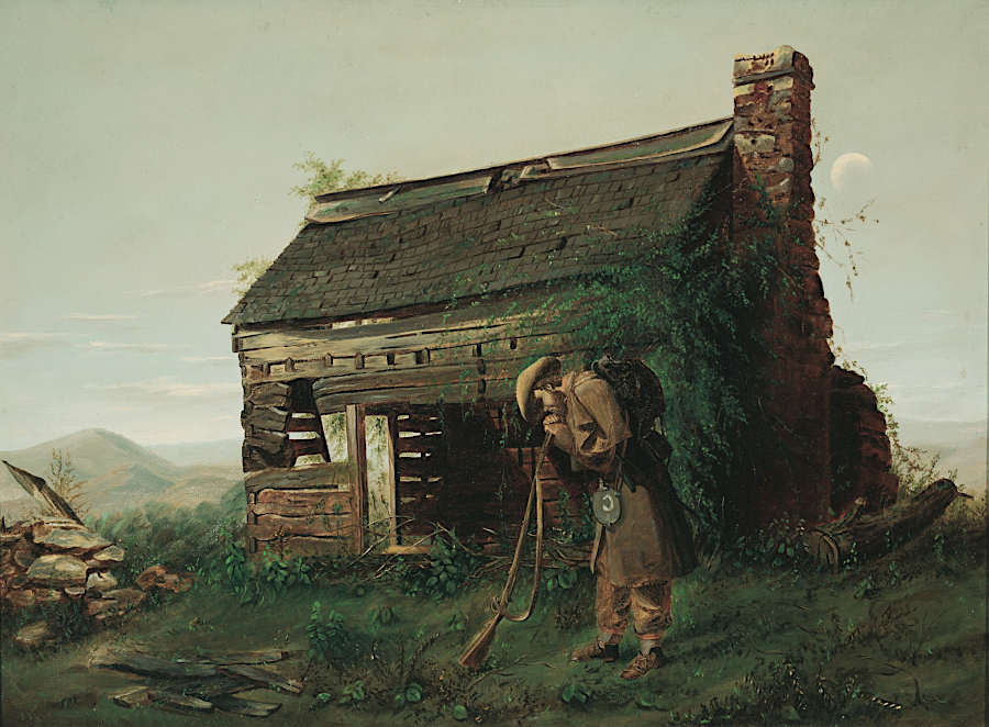The Lost Cause painting became an iconic image of a Confederate soldier returning to a devastated homestead, not to a plantation's mansion house