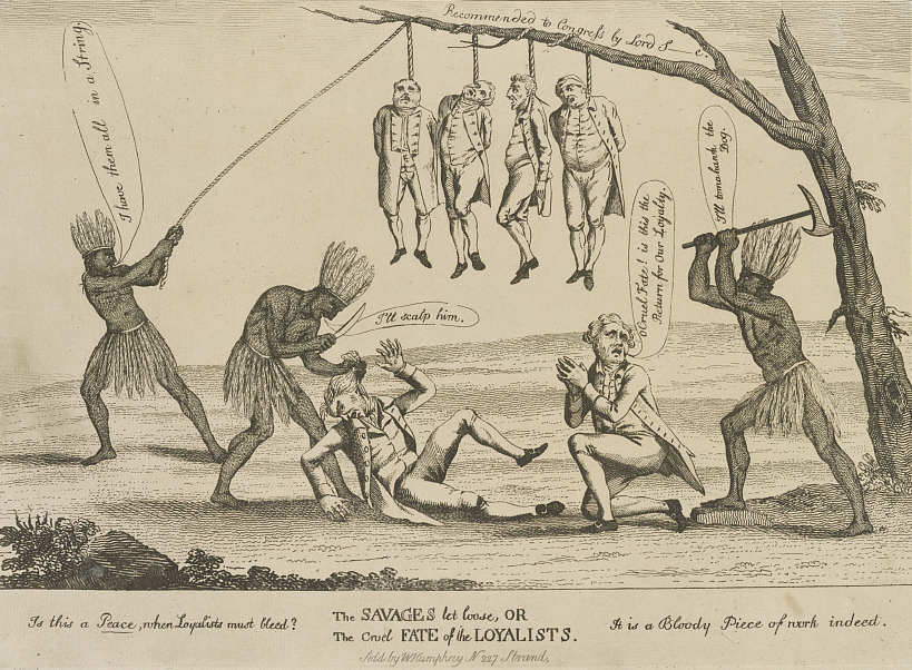 an English cartoon showed rebellious colonists (as Native Americans) murdering six loyalists
