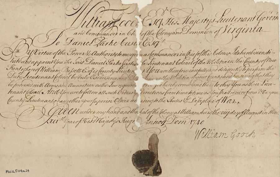 Daniel Park Custis (first husband of Martha Custis Washington, George Washington's wife) was appointed by Governor Gooch to be Lieutenant Colonel of the New Kent County militia in 1740