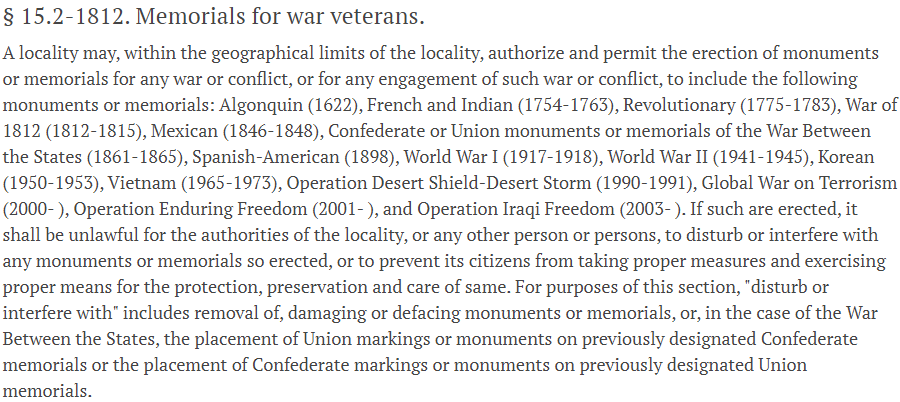 the authority for local governments to erect, maintain, or move military monuments is defined  in the Code of Virginia