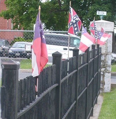 Confederate Battle Flag and the First National Flag of the Confederacy, at site of Civil War Hospital in Mount Jackson