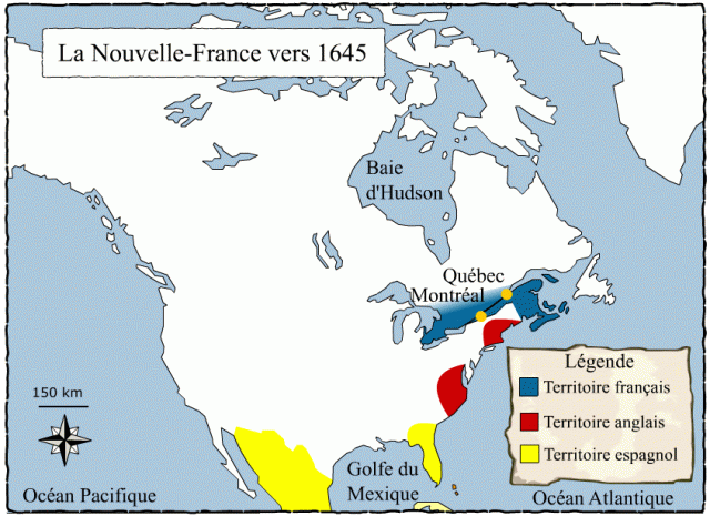 in 1645, the French, English, and Spanish colonies in North America were separated from each other