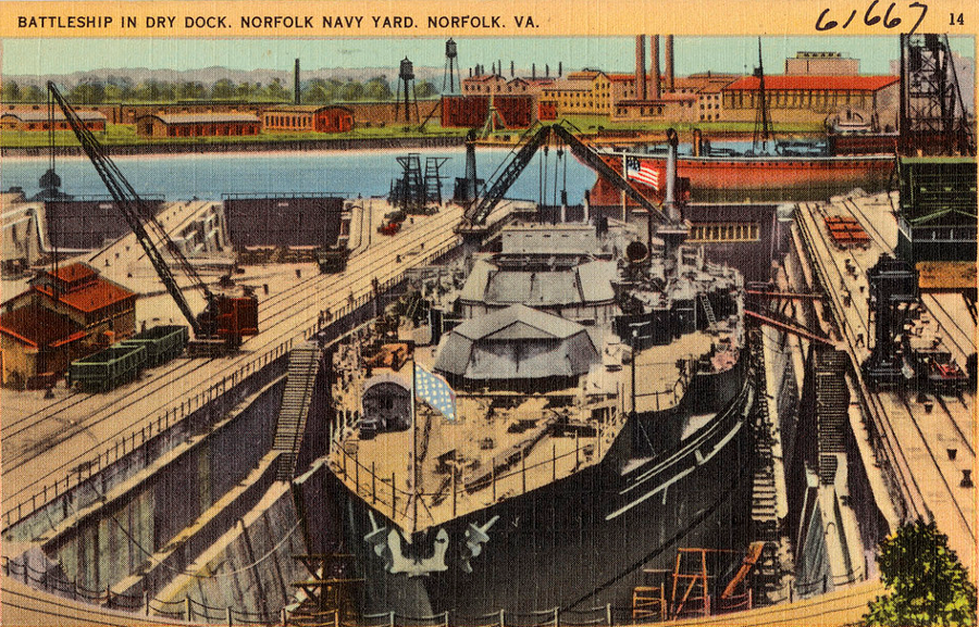 a pre-World War II postcard shows use of the drydock at Norfolk Navy Shipyard