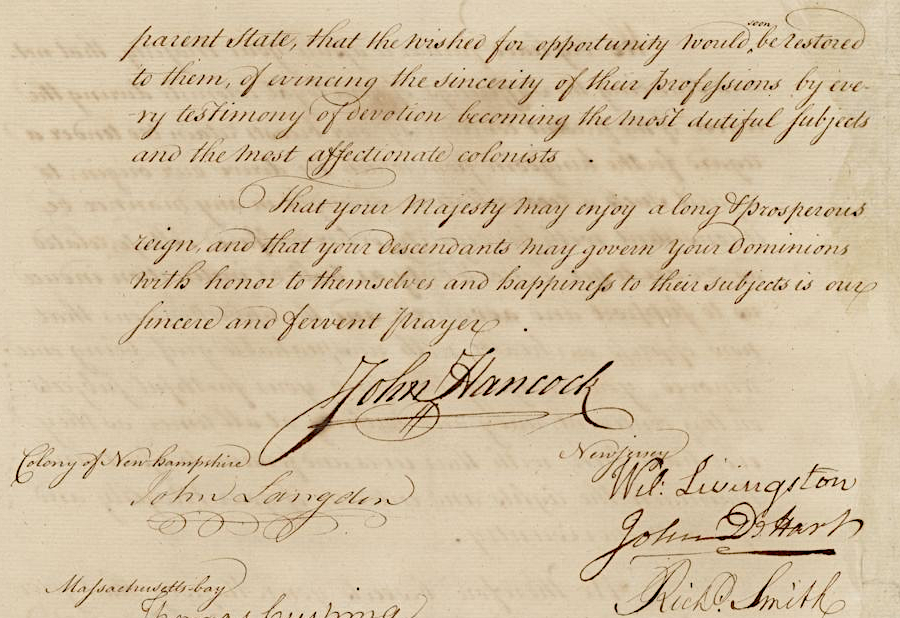 on July 5, 1775, John Hancock prominently signed the Olive Branch petition to George III