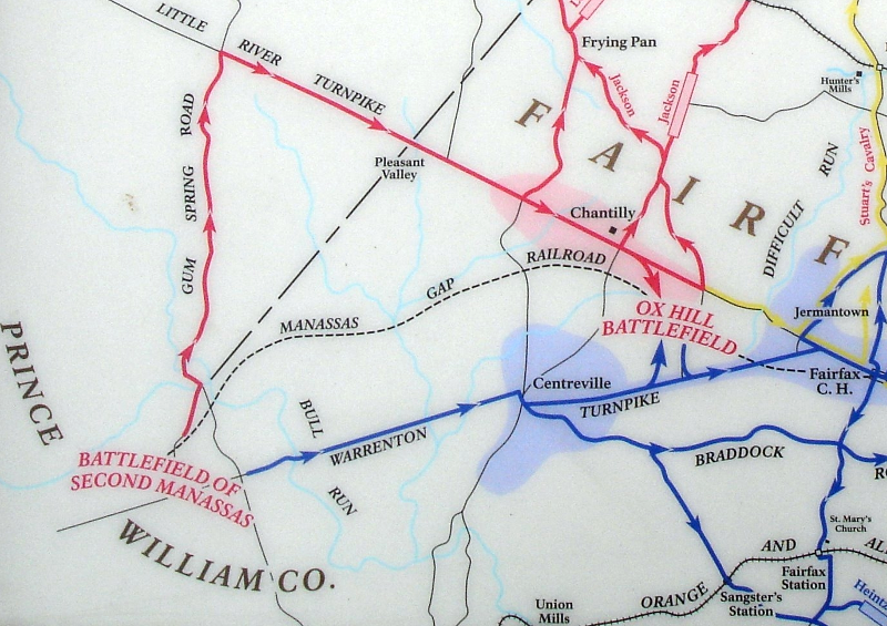 paths of Confederates (in red) and Union (in blue), from Second Manassas battlefield to Ox Hill