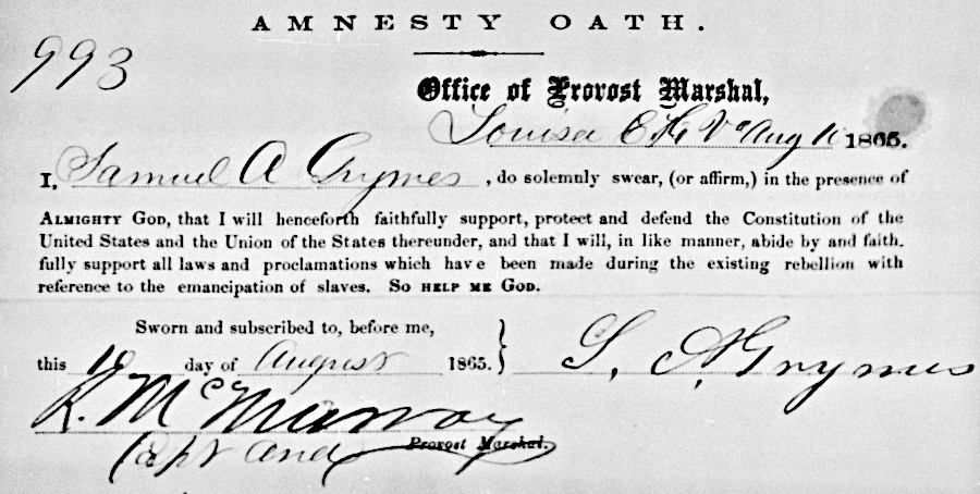 Samuel Grymes signed the amnesty oath in August 1865