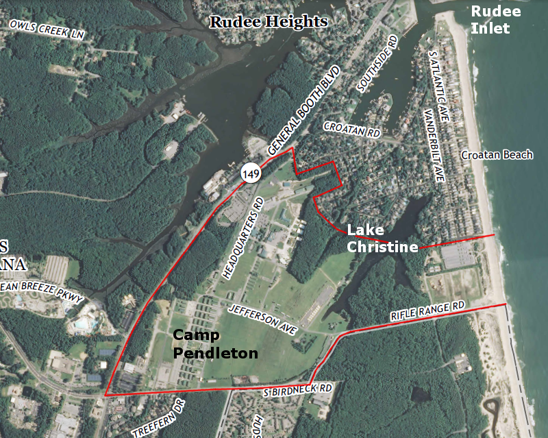 Camp Pendleton is bordered on the west by General Boothe Boulevard, on the east by the Atlantic Ocean, on the south by NAS Oceana Dam Neck Annex - and by residential subdivisions northwest of Lake Christine