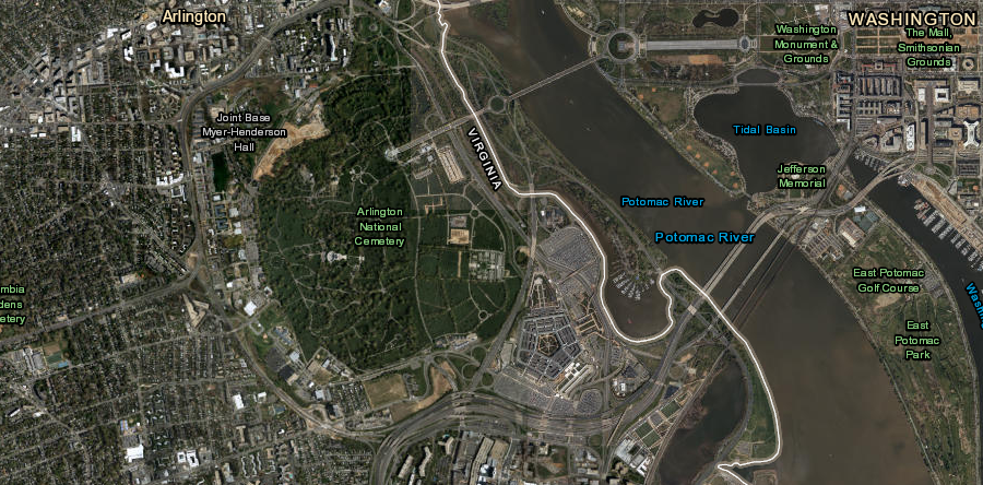 the Pentagon in located in Virginia, and Boundary Channel marks the modern edge of the District of Columbia