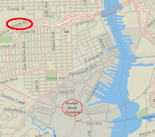 in Virginia, Gosport and Portsmouth were separated by Crab Creek (now underneath I-264, next to South Street)