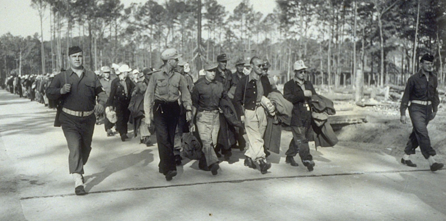German prisoners of war arriving to work at Camp Patrick Henry, Virginia, 5 May 1944.