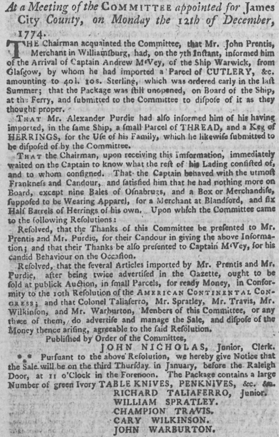 John Prentis complied with the nonimportation agreement in December, 1774