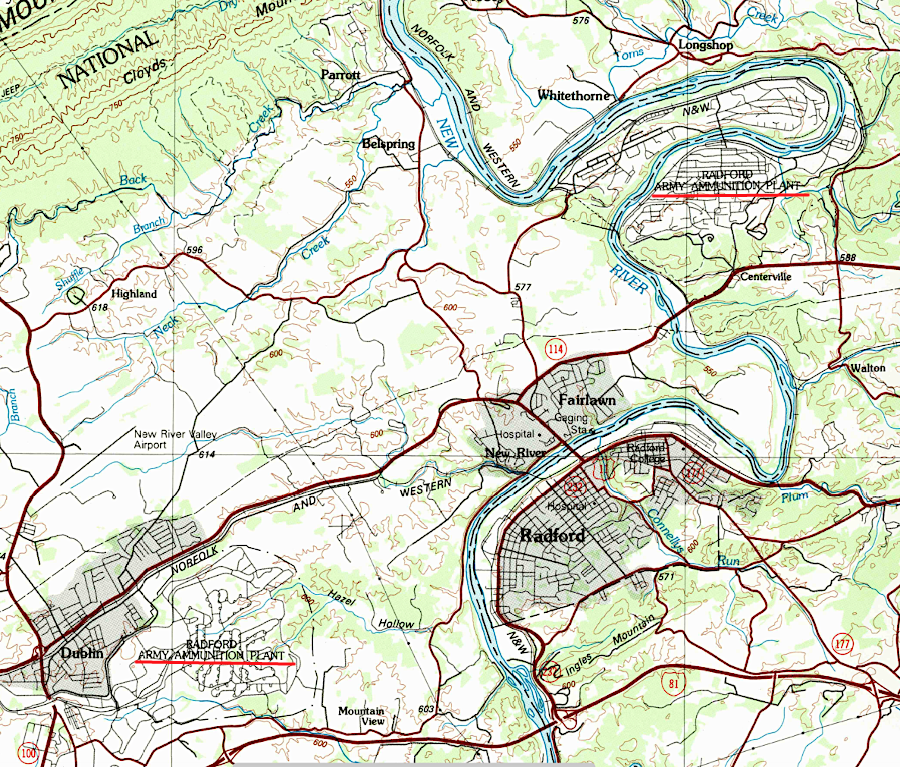 the Radford Army Ammunition Plant (Arsenal) included a unit near Dublin and at the New River horseshoe downstream from Radford
