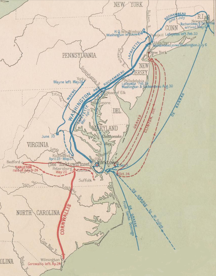 Cornwallis entered Virginia after crossing South Carolina and North Carolina, before choosing Yorktown as the deepwater port where he would be resupplied by ships of the Royal Navy sailing from New York
