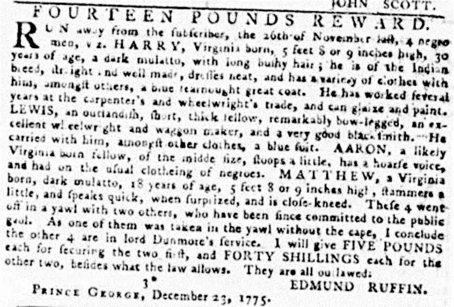 Edmund Ruffin offered a reward to recapture men who fled from his plantation on November 26, 1775