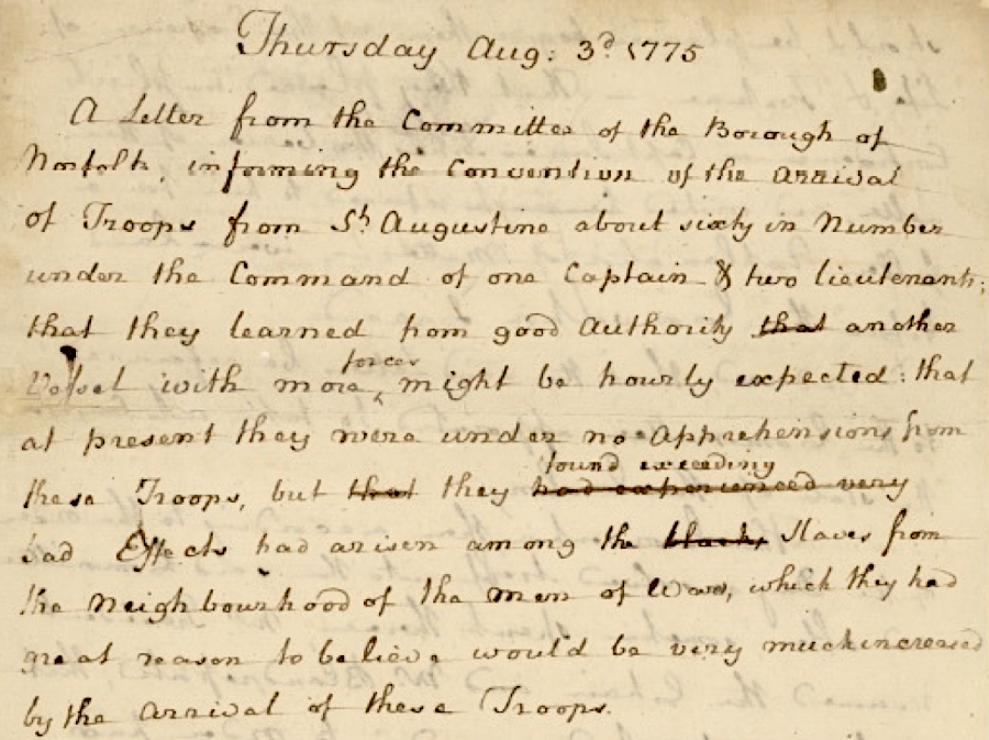 volunteer companies in Williamsburg reported to the Third Virginia Convention that British reinforcements had arrived from Florida to support Governor Dunmore