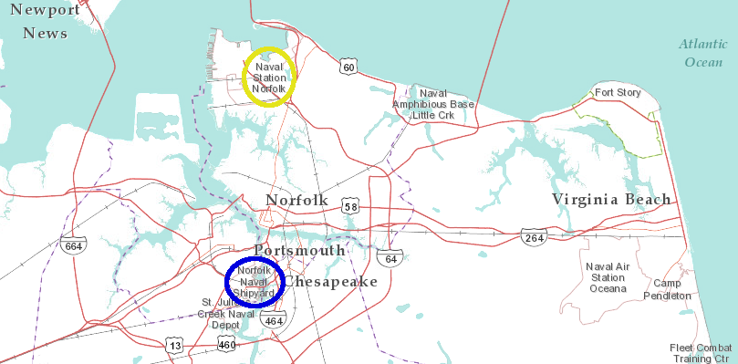 the Norfolk Naval Shipyard is eight miles south of the Norfolk Naval Base (Naval Station Norfolk)