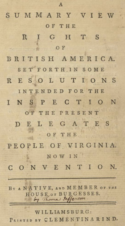 Thomas Jefferson claimed in 1774 that the British Parliament has no right to exercise authority over us