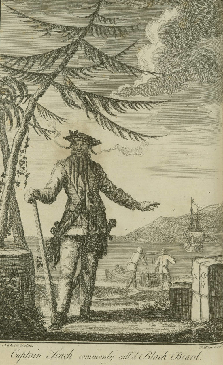 Blackbeard, with the Queen Anne's Revenge in the background
