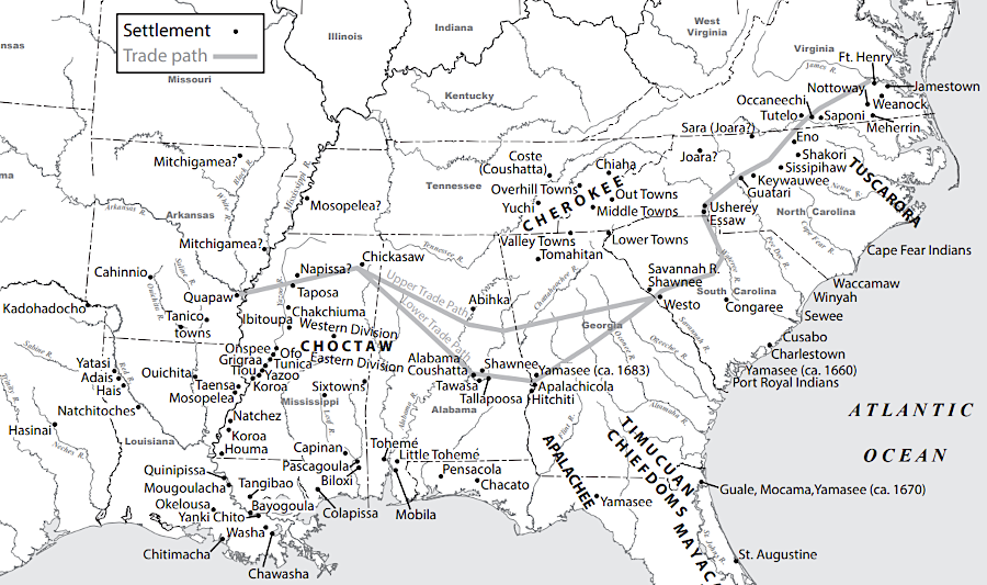 map of the southeastern Indian tribal territories and major settlements (