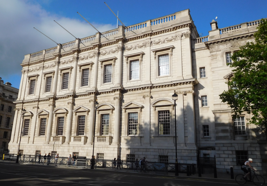 the Banqueting Hall of Whitehall Palace, where Pocahontas attended a play and saw King James I, is near the home of Great Britain's Prime Minister at 10 Downing Street