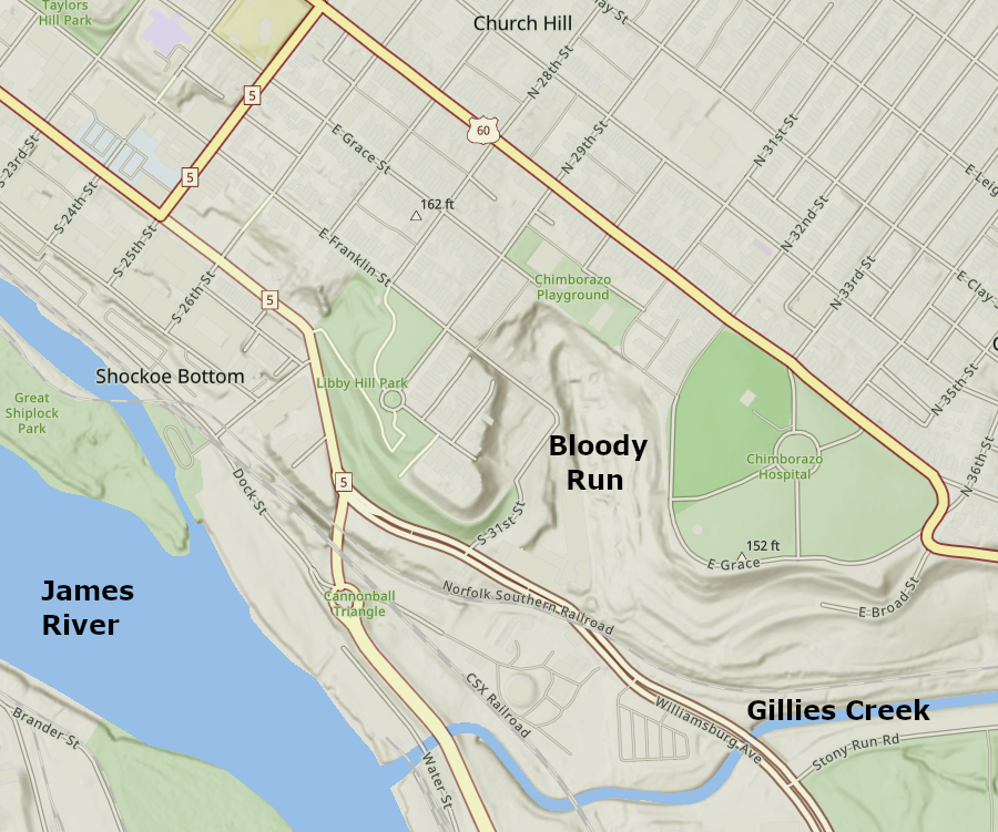 Bloody Run flowed from a spring between Libbie Hill and Chimborazo Hill to Gillies Creek