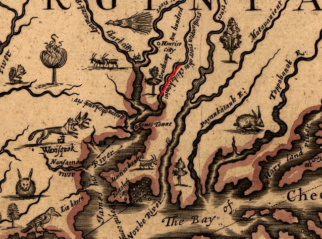 Find the Chickahominy River on this 1667 map