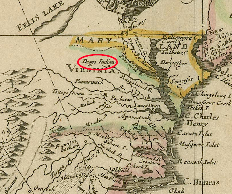 the Moyumpse (Dogue) were shown living on the Rappahannock River in 1673