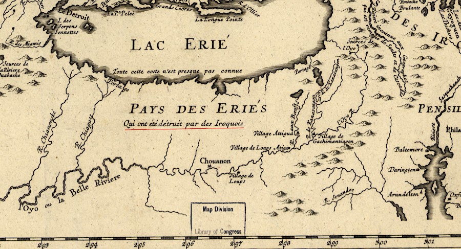 the Erie dominated the area between the Ohio River and Great Lakes until they were destroyed (detruit) by the Iroquois
