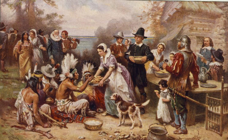 there is a colonial dog in this stereotypical American version of the first Thanksgiving (in Massachusetts)