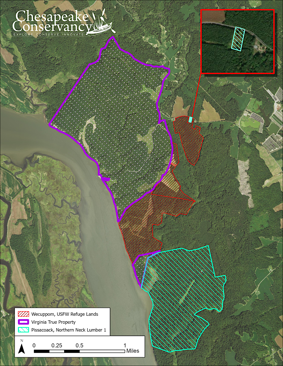 map depicting the Pissacoak property and two Virginia True parcels purchased by The Conservation Fund in late 2022