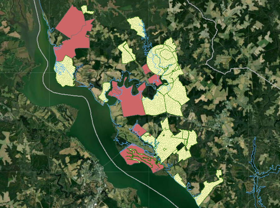Federal land (brown) and conservation easements (yellow) near Fones Cliffs in early 2022