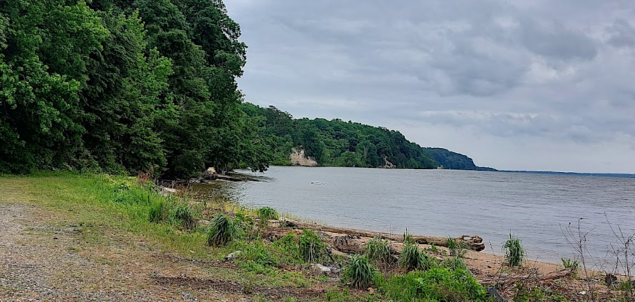 looking south from Carter's Wharf, showing a series of cliffs on the north bank of the Rappahannock River
