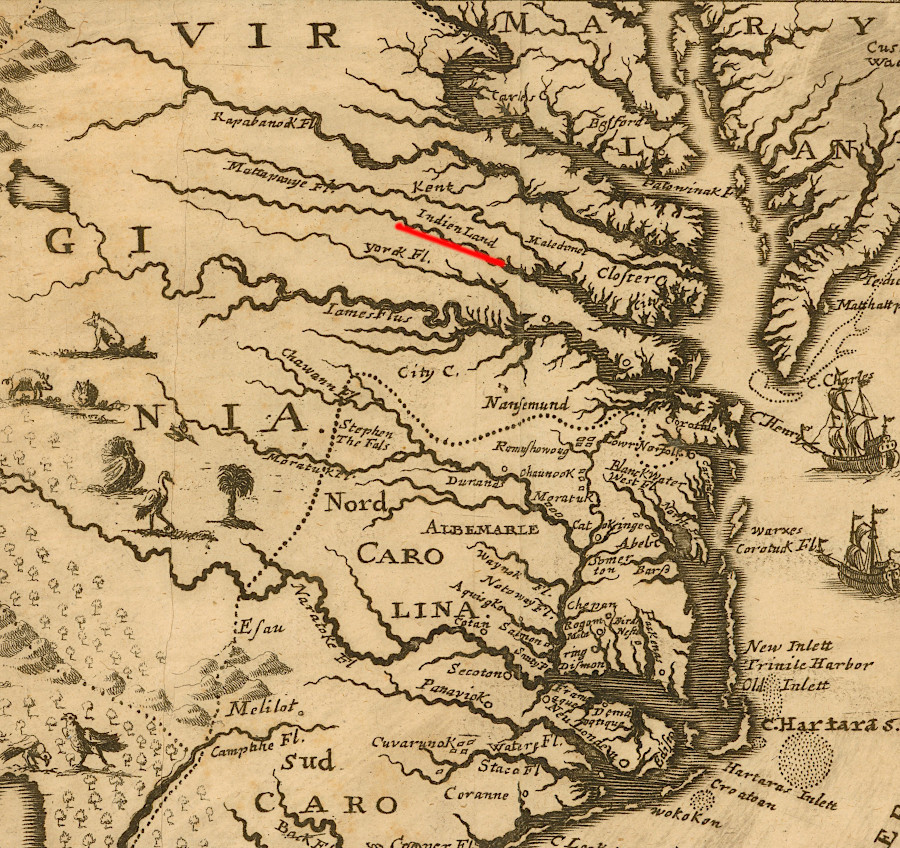 Carolina Proprietors produced a map in 1709 that omitted Virginia settlements but highliighted Indian Land, to steer immigrants to Carolina instead