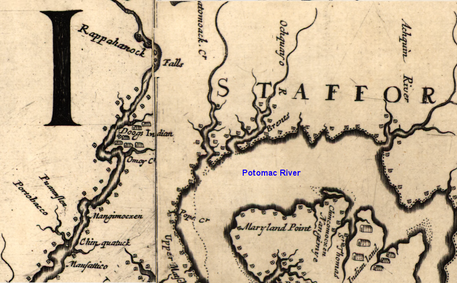 the Doeg tribe had a town on the Rappahannock River in 1670 (downstream of where Fredericksburg would be built later on the Fall Line), before any reservations were created in Virginia (NOTE: map is oriented so north is to the right, not towards the top)