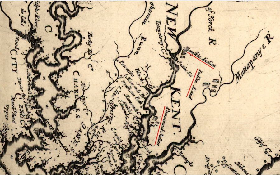 when Augustine Herrman produced his map sixty years after the English landed at Jamestown, Native Americans had been forced off the Peninsula to towns north of the York and Pamunkey rivers (NOTE: map is oriented with North to the right)