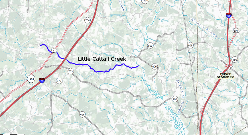 the Williamson Site is located above the Fall Line on Little Cattail Creek in Dinwiddie County
