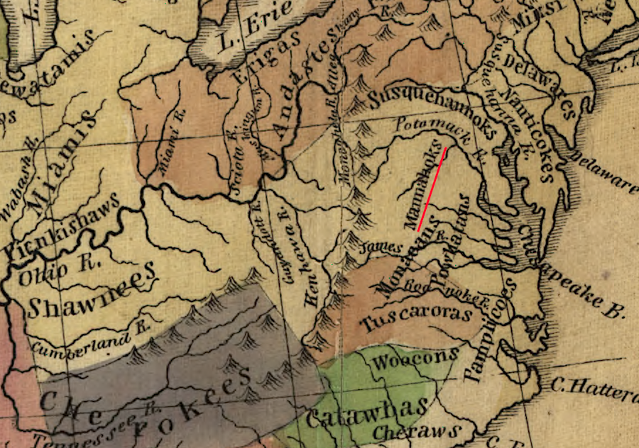 early English colonists recorded the Manahoac living east of the Blue Ridge, between the Rappahannock and Potomac rivers