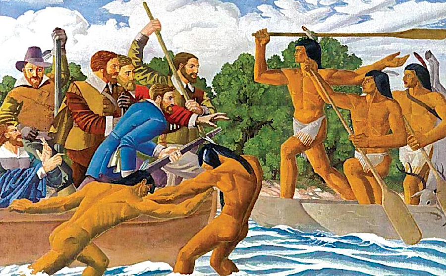 one mural painted in the Arlington Post Office during the Great Depression depicts John Smith meeting the Massawomecks