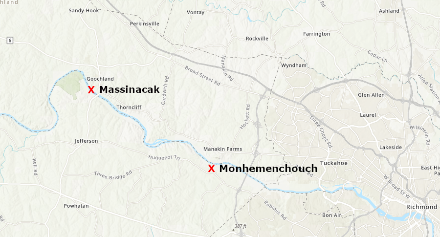 in 1608 Christopher Newport may have reached the Monacan town of Massinacak, just downstream from modern Powhatan State Park