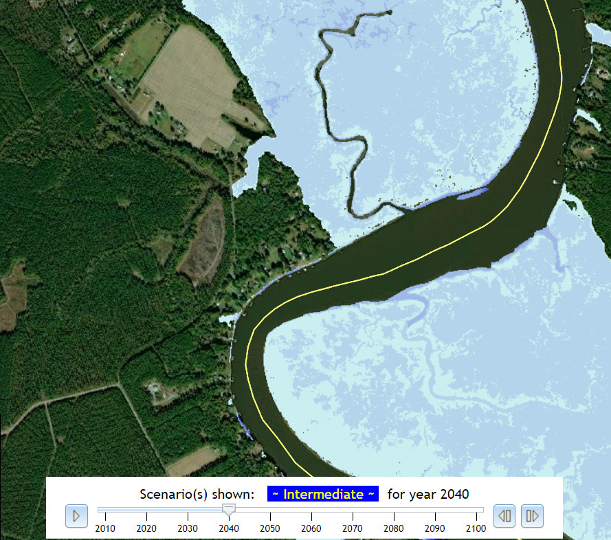 sea level rise could drown the marshes near the Mattaponi Reservation by 2040, but the current houses would still be above the flood plain