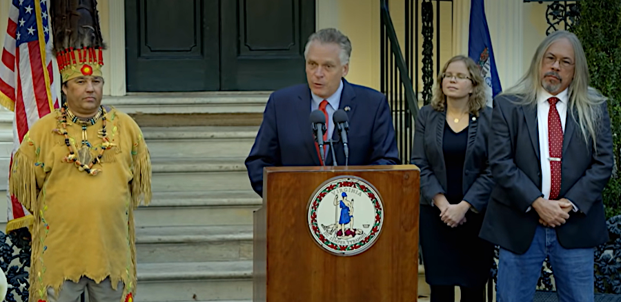 Governor Terry McAuliffe, highlighting Federal recognition of the Pamunkey at the 2016 treaty ceremony