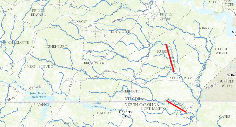 the Nottoway and Meherrin rivers indicate the homelands of those two Iroquoian-speaking groups