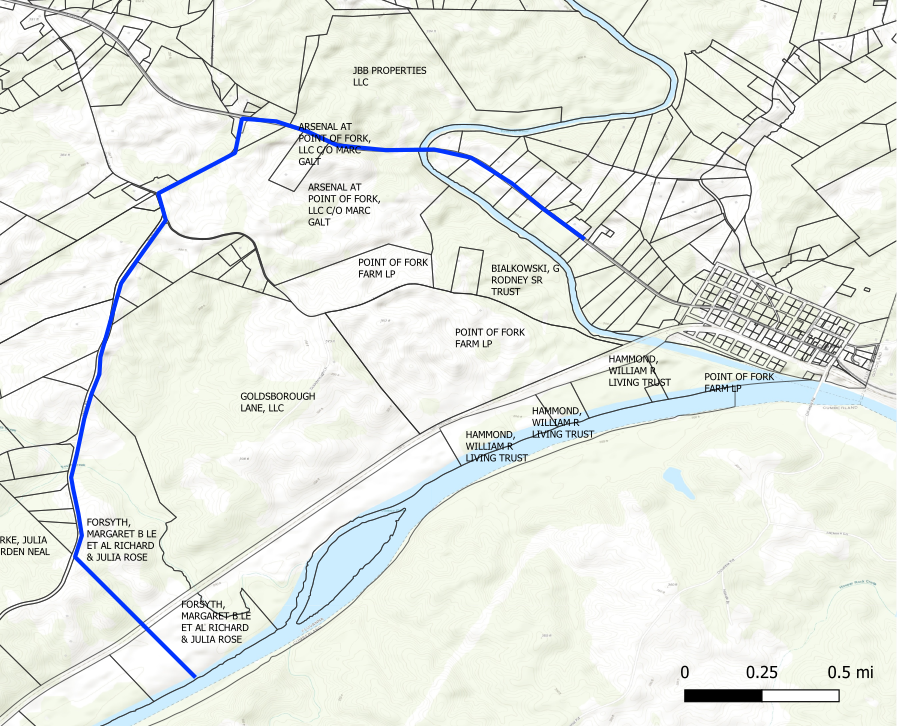 the Monacan proposed a pipeline from the Forsyth property (blue) to intercept the line proposed by the James River Water Authority