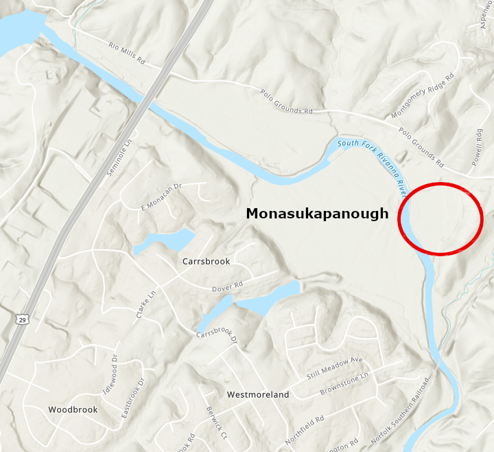the site of Monasukapanough/Monahassanugh is on the river now called Rivanna, just north of modern-day Charlottesville