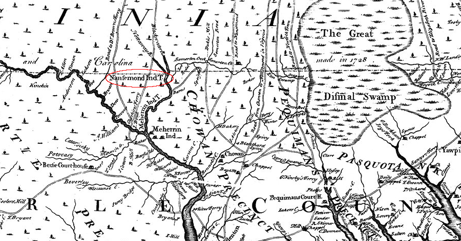 the 1728 survey of the Virginia-Carolina border resulted in a map documenting the presence of a Nansemond town near the confluence of the Blackwater and Nottoway rivers