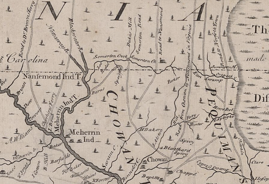 the Algonquian-speaking Nansemond lived just north or the Iroquoian-speaking Meherrin