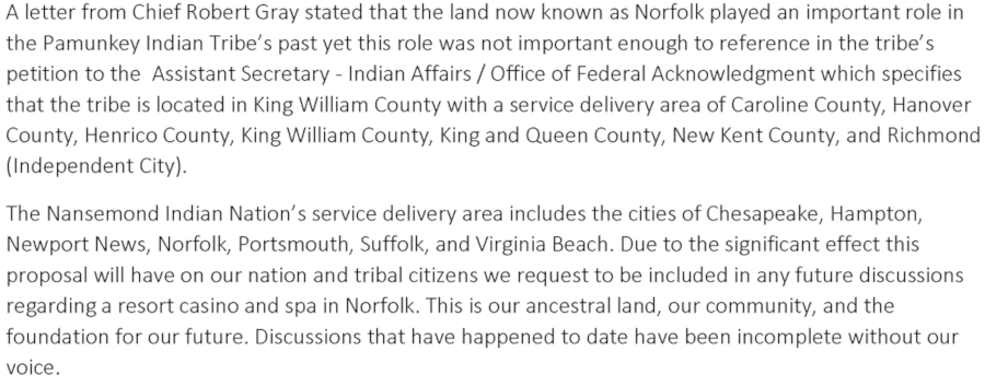 the Nansemond objected to the Pamunkey claim in 2018 that Norfolk was part of their ancestral lands