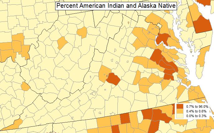 the Virginia jurisdictions with the highest percentage of Native Americans/Alaskan Natives in their population include Amherst County (home of the Monacan tribe), plus several Tidewater counties that were once part of Powhatan's paramount confederacy