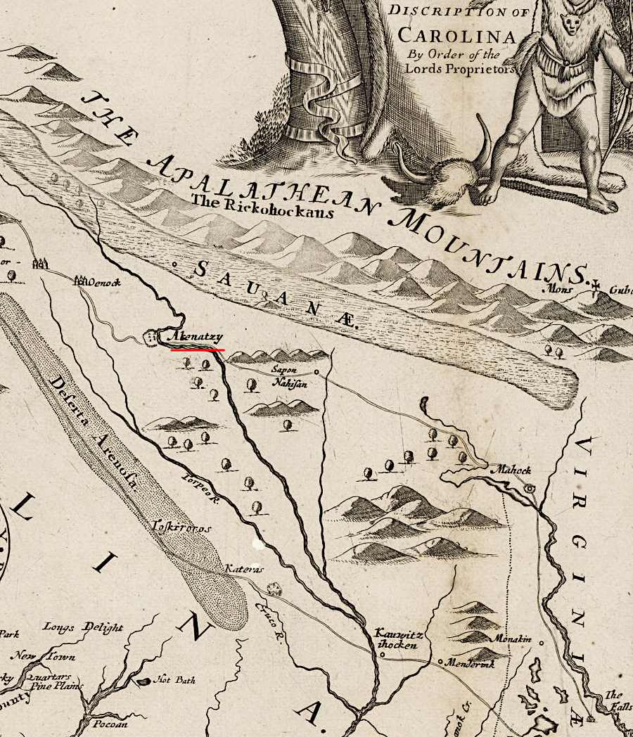 the town of the Occaneechee (Akenatzy) on an island in the Roanoke River was a key trading location in the Piedmont for deerskins and furs from groups living as far west as the Tennessee River
